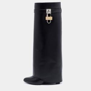 Pre Owned Givenchy Black Leather Shark Lock Wedge Knee High Boots Size 38
