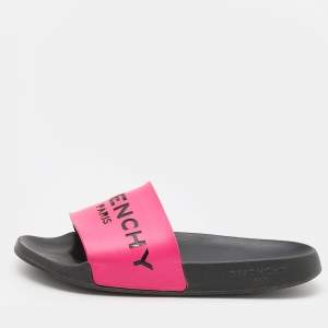 Givenchy Pink/Black Leather and Rubber Logo Flat Slides Size 38