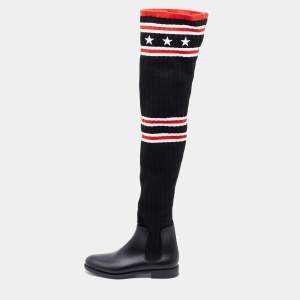 Givenchy Black Knit Fabric and Rubber Storm Over The Knee Boots Size 39