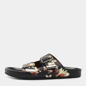 Givenchy Black Leather Floral Print Double Buckle Flat Slides Size 40  
