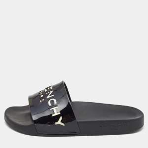 Givenchy Black Patent Leather Logo Cut Out Slides Size 36