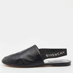 Givenchy Black Leather Rivington Logo Slingback Flat Mules Size 38