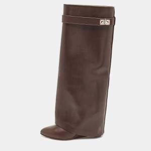 Givenchy Brown Leather Shark Lock Wedge Knee High Boots Size 39.5