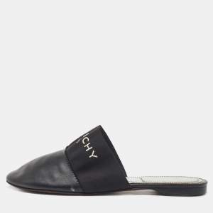 Givenchy Black Leather and Elastic Bedford Logo Mules Size 37.5