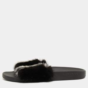 Givenchy Black/White Mink Fur Flat Slides Size 39