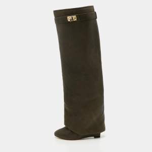 Pre Owned Givenchy Olive Green Leather Shark Lock Knee Length Boots Size 35