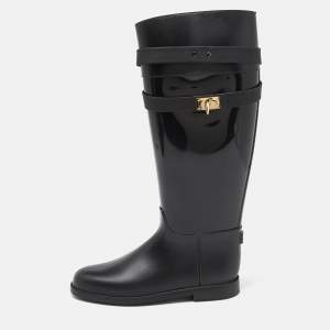 Givenchy Black Rubber Shark Lock Flat Knee Boots Size 39