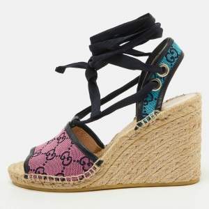 Gucci Multicolor GG Canvas and Leather Espadrille Wedge Sandals Size 38.5