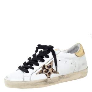 Golden Goose Deluxe Brand White Leather Gold Metallic Tab Leopard Star Superstar Size 35