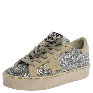 Pre Owned Golden Goose Silver Glitter And Suede Leather Superstar Low Top Sneakers Size 36