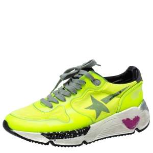 Pre Owned Golden Goose Neon Green PVC And Suede Low Top Sneakers Size 35