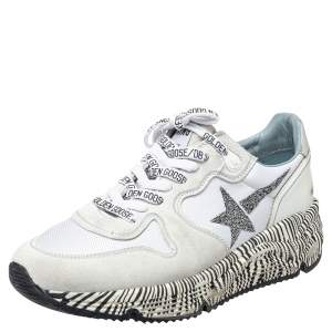 Pre Owned Golden Goose White Leather And Mesh Running Sole Crystal Star Zebra Print Sole Low Top Sneakers Size 38