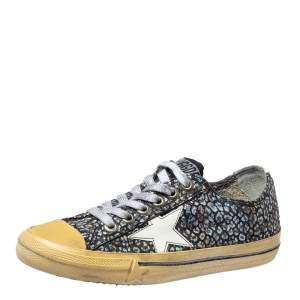 Pre Owned Golden Goose Grey/White Patent Leather And Glitter Vstar 2 Sneakers Size 36