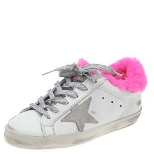 Pre Owned Golden Goose White/Pink Leather And Fur Super Star Low Top Sneakers Size 35