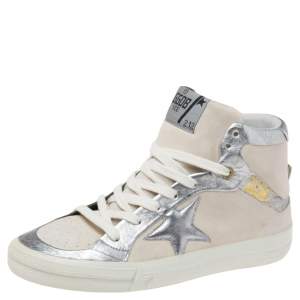 Pre Owned Golden Goose Grey/Silver Leather And Suede High Top Sneakers Size 37