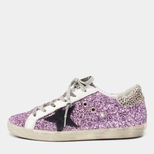 Pre Owned Golden Goose Purple Glitter And Leather Superstar Low Top Sneakers Size 39