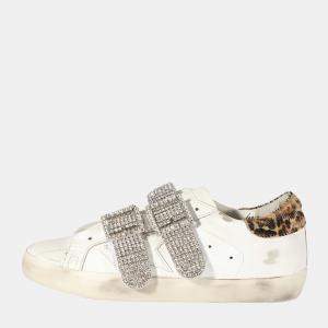 Pre Owned Golden Goose White/Silver Crystal Buckle Leopard Print trim Superstar Sneaker EU 38