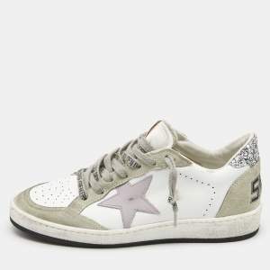 Golden Goose White/Grey Leather and Suede Ballstar Low Top Sneakers Size 37