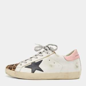 Golden Goose White/Pink Leather and Calf Hair Leopard Print Hi Star Sneakers Size 37