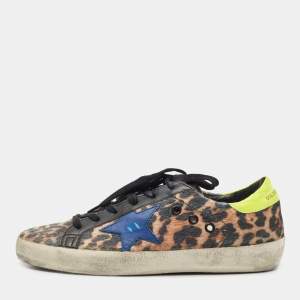 Golden Goose Multicolor Leopard Print Calf Hair Superstar Distressed Lace Up Sneakers Size 38