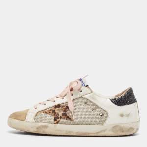 Pre Owned Golden Goose White/Grey Leather and Suede Superstar Lace Up Sneakers Size 38