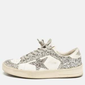 Golden Goose White/Silver Glitter and Leather Stardan  Sneakers Size 39