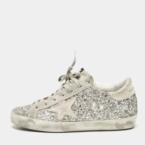 Pre Owned Golden Goose Grey/Silver Glitter and Suede Super Star Lace Up Sneakers Size 36