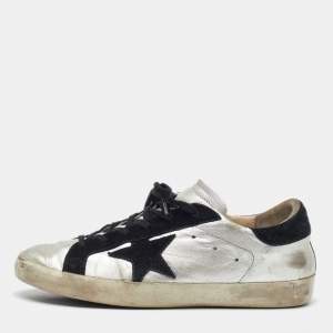 Pre Owned Golden Goose Silver/Black Leather and Suede Superstar Low Top Sneakers Size 40