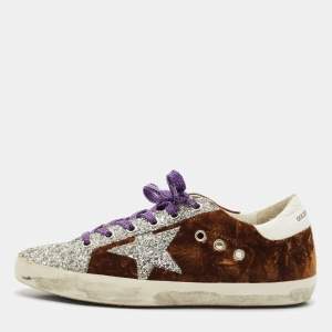 Golden Goose Brown/Silver Velvet and Glitter Superstar Low Top Sneakers Size 38