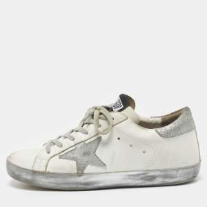 Golden Goose White/Grey Leather and Suede Super Star Low Top Sneakers Size 37