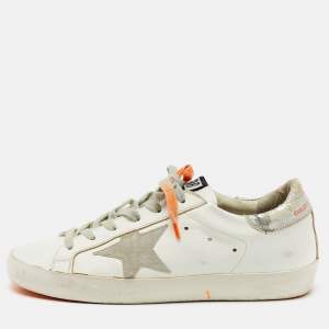 Golden Goose White/Orange Leather and Suede Superstar Low Top Sneakers Size 37