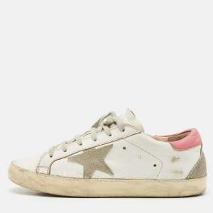Pre Owned Golden Goose White/Pink Leather Super Star Lace Up Sneakers Size 39