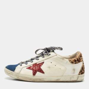 Pre Owned Golden Goose Multicolor Calf Hair and Denim Super Star Lace Up Sneakers Size 39