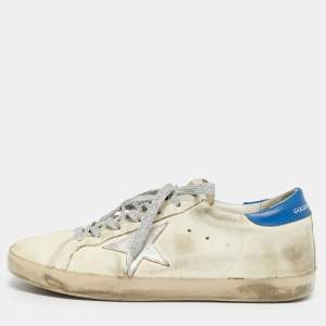 Pre Owned Golden Goose White/Blue Leather Super Star Lace Up Sneakers Size 41