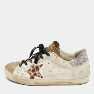 Pre Owned Golden Goose White Leather and Suede Superstar Lace Up Sneakers Size 37