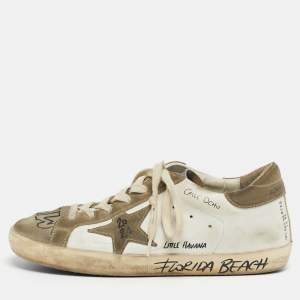Pre Owned Golden Goose White/Grey Leather and Suede Superstar Lace Up Sneakers Size 37