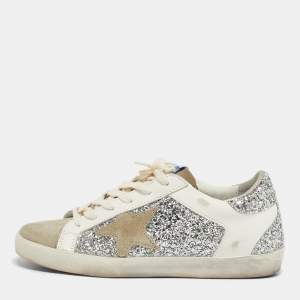 Pre Owned Golden Goose Tricolor Glitter and Leather Superstar Lace Up Sneakers Size 36