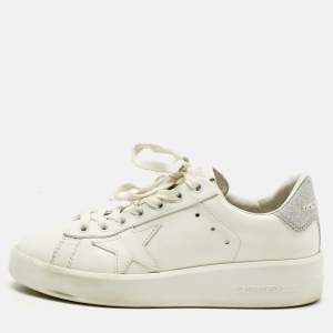 Pre Owned Golden Goose White/Silver Glitter and Leather PureStar Low Top Sneakers Size 35