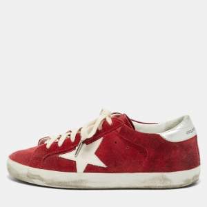 Pre Owned Golden Goose Super Star Size 37 Red Leather and Suede Lace Up Sneakers