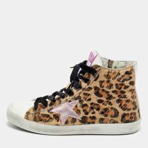 Pre Owned Golden Goose Superstar Size 38 Multicolor leopard print Calf Hair and Leather High Top Sneakers
