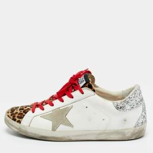 Pre Owned Golden Goose Superstar Size 39 White Leopard Print Calf Hair and Leather Sneakers