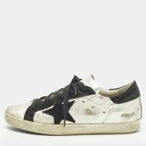 Pre Owned Golden Goose Superstar Size 38 Silver/Black Leather and Suede Lace Up Sneakers