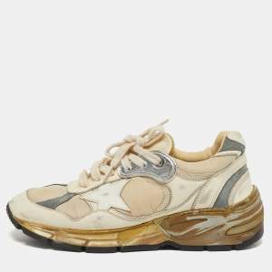 Pre Owned Golden Goose Dad Star Size 35 Cream/Sliver Leather and Nylon Lace Up Sneakers