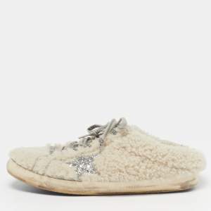 Pre Owned Golden Goose Superstar Sabot Size 40 Off White Shearling Fur Lace Up Mule Sneakers