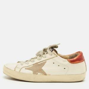 Pre Owned Golden Goose Superstar Size 35 White/Tan Leather Lace Up Sneakers