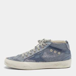 Pre Owned Golden Goose Midstar Size 37 Blue/Grey Glitter and Suede Lace Up Sneakers