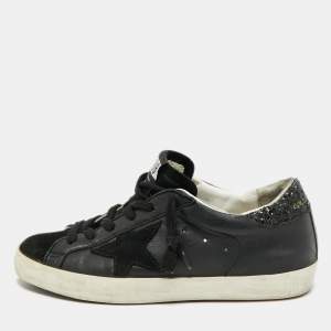 Pre Owned Golden Goose Super Star Size 37 Black Leather and Suede Lace Up Sneakers