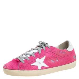 Golden Goose Pink Pony Hair And White Leather Low Top Sneaker Size 40