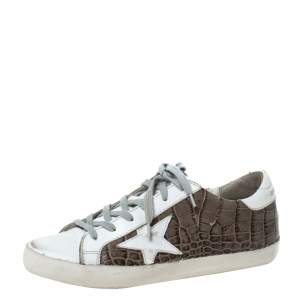 Golden Goose White/Grey Croc Embossed Leather Superstar Low Top Sneakers Size 38