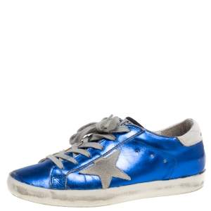 Pre Owned Golden Goose Metallic Blue Leather and Grey Suede Superstar Lace Up Sneakers Size 38